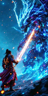 The primary subject of the image is a person holding a sword, standing in front of a large, blue, lightning-filled monster. The setting appears to be a futuristic or fantasy-inspired environment, with the person and the monster being the main focus of the scene. The visual style of the image is digital art, as it is a detailed and intricate illustration. The dominant colors in the image are blue and white, with the lightning adding a sense of energy and excitement to the scene. The